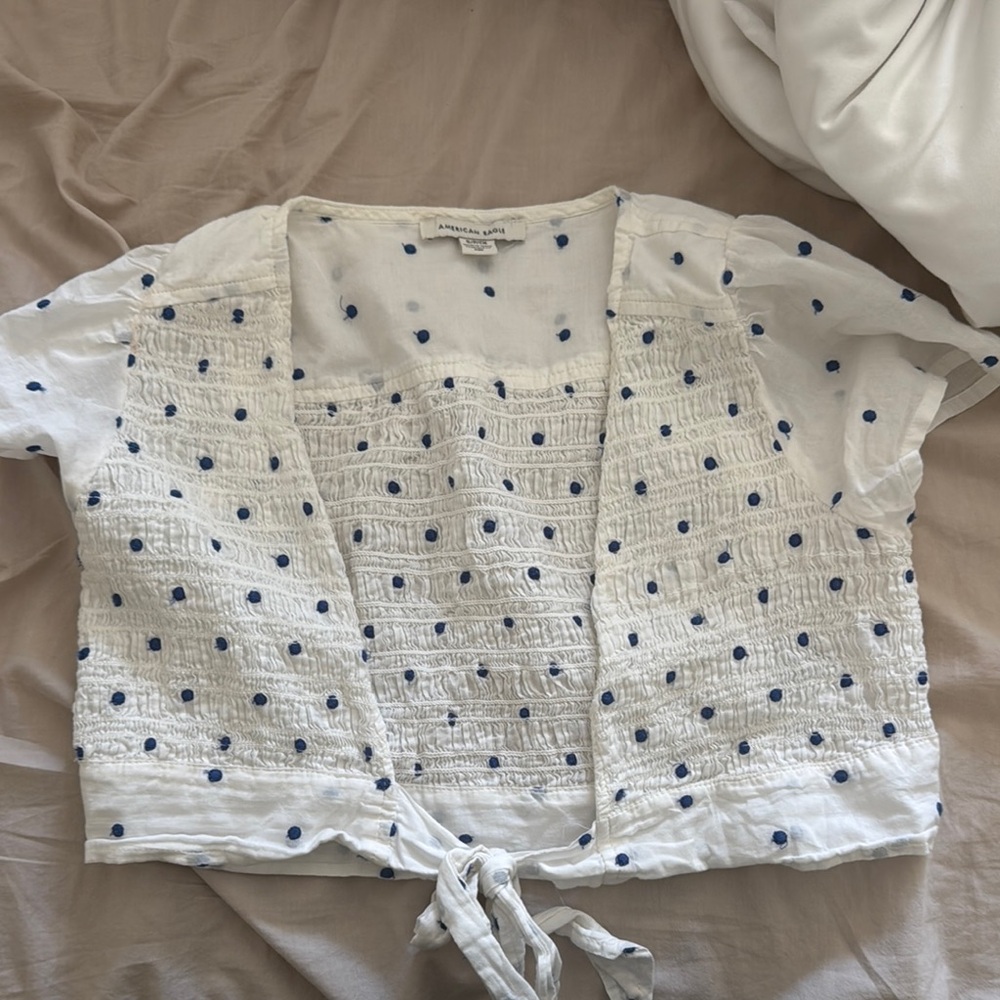 American Eagle Outfitters White and navy Smocked Tie Front Blouse